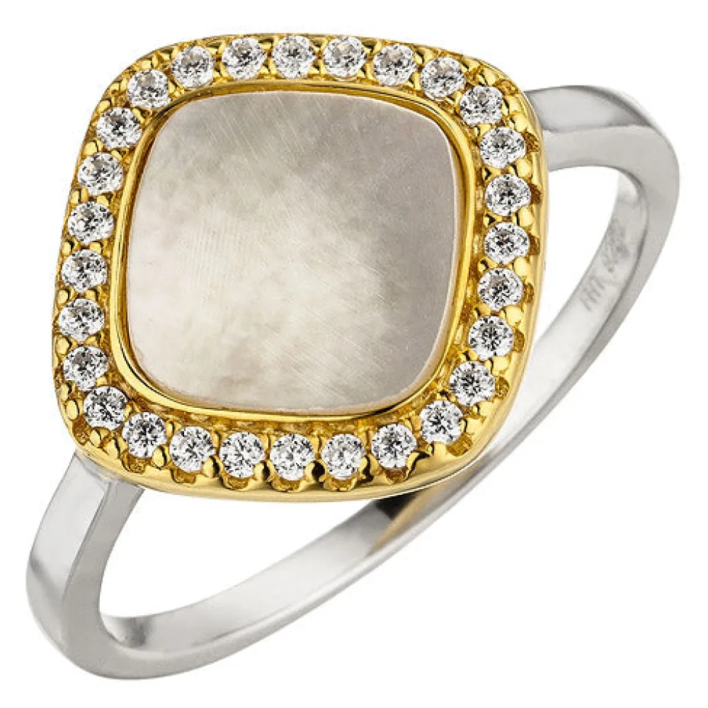 Damen Ring 925 Sterling Silber bicolor vergoldet Perlmutt 28 Zirkonia-56