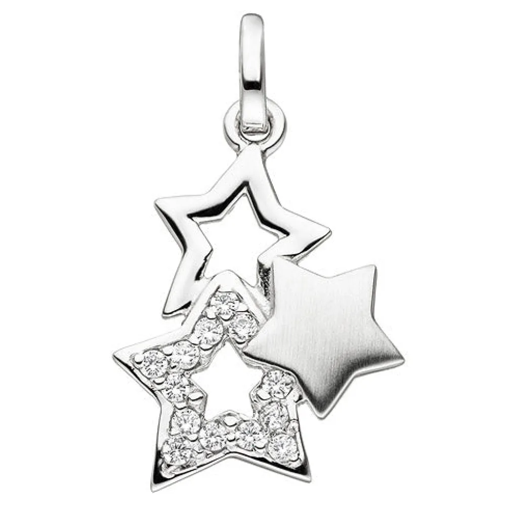 Anhänger Stern Sterne 925 Sterling Silber teil matt 13 Zirkonia Silbersterne