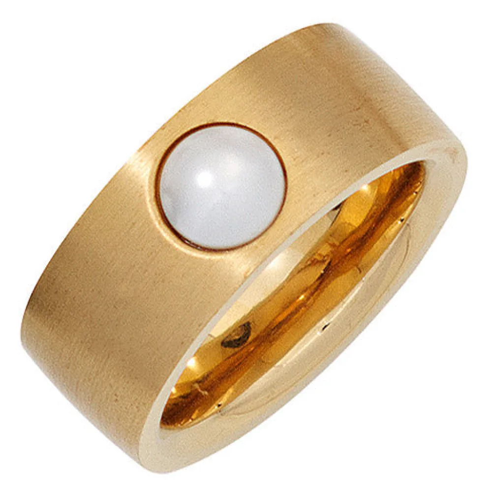 Damen Ring breit Edelstahl gold farben beschichtet 1 Süßwasser Perle Perlenring-50