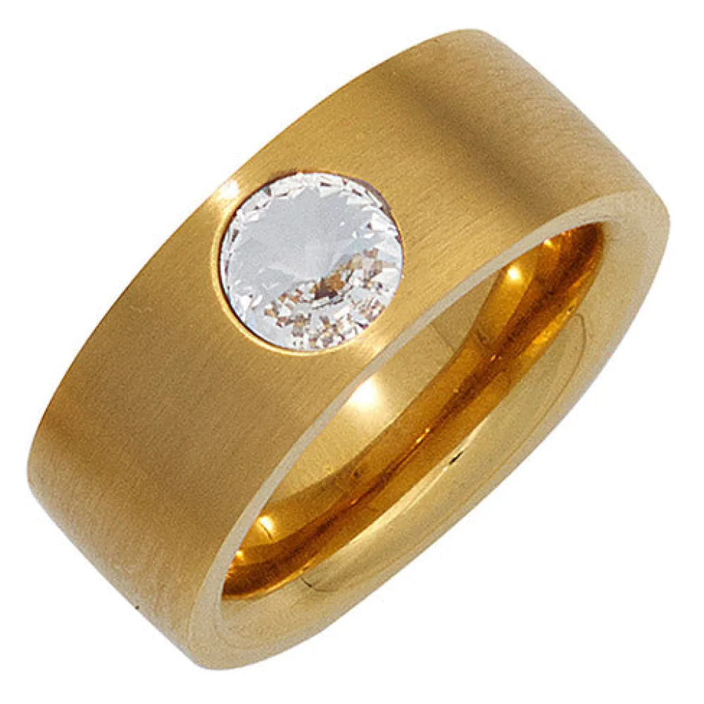 Damen Ring breit Edelstahl gold vergoldet mattiert mit SWAROVSKI® ELEMENT-50