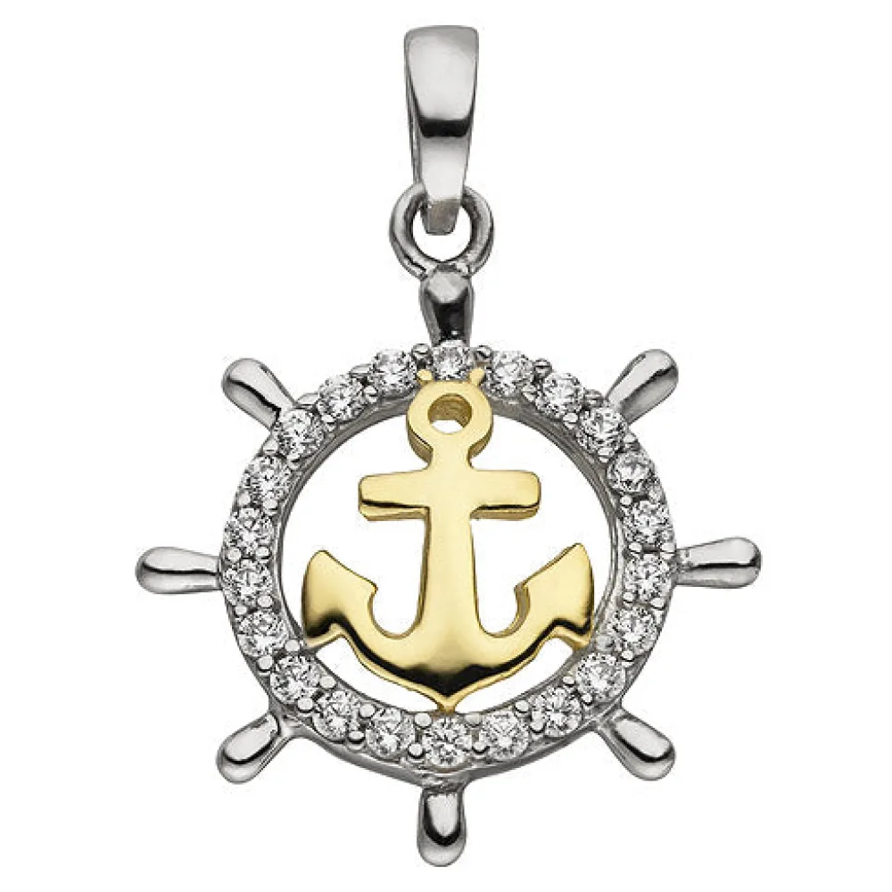 Anhänger Steuerrad Anker 925 Silber bicolor vergoldet 22 Zirkonia