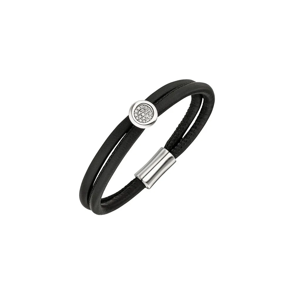 Armband 2-reihig Leder schwarz mit 585 Gold Weißgold 19 Diamanten Brillanten