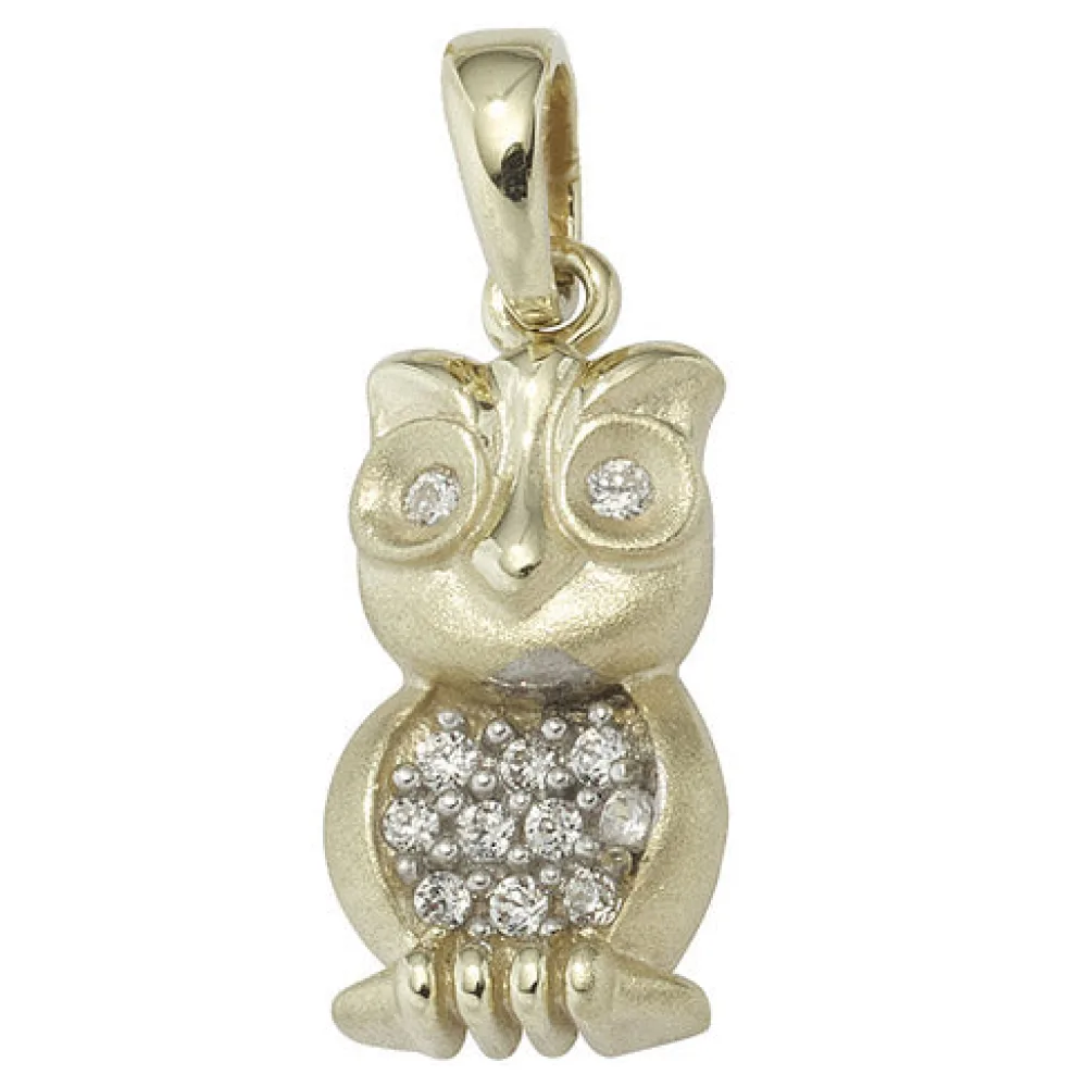 Anhänger Eule 333 Gold Gelbgold mattiert mit Zirkonia Goldanhänger