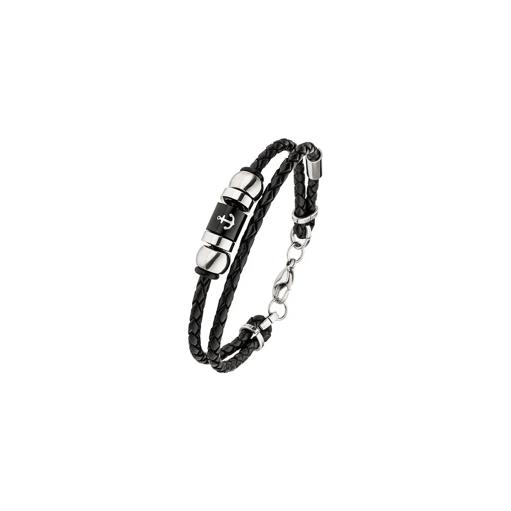Armband Anker 2-reihig Leder geflochten mit Edelstahl 21 cm