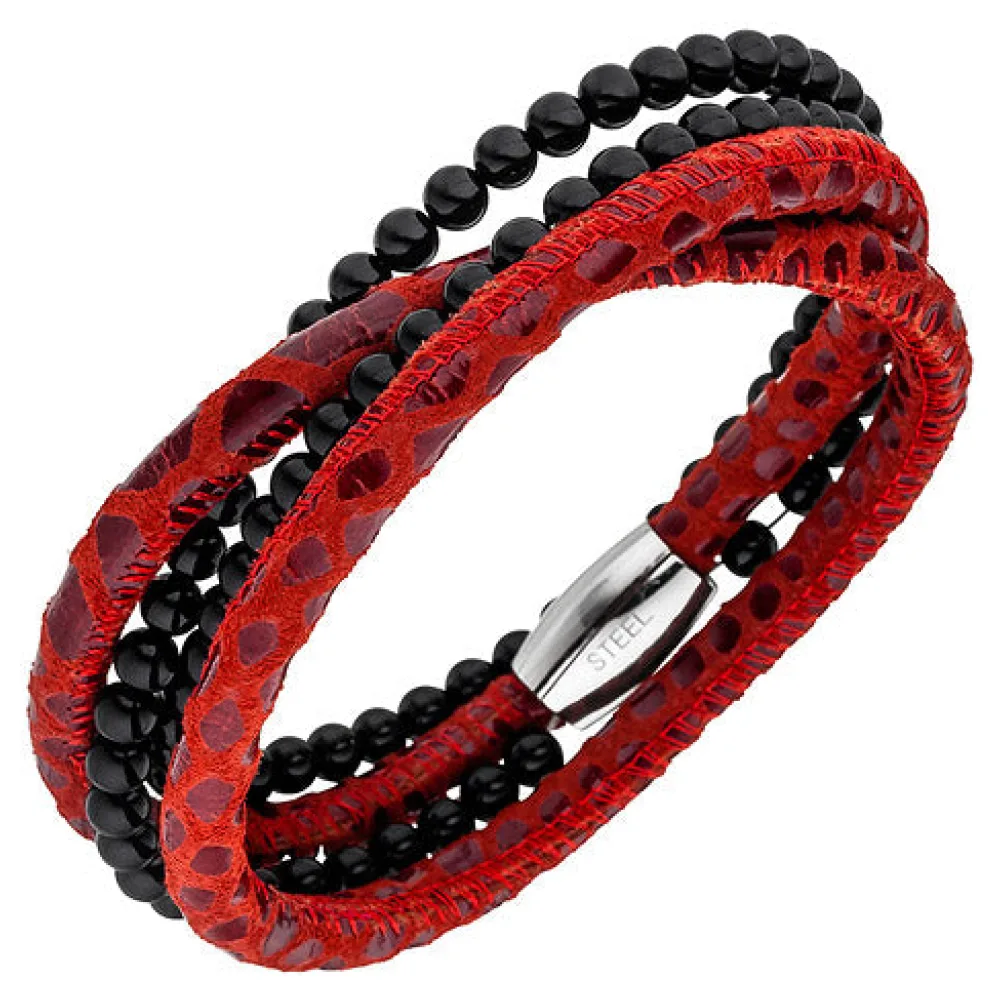 Armband Leder rot mit Onyx Kugeln und Edelstahl 19 cm Lederarmband