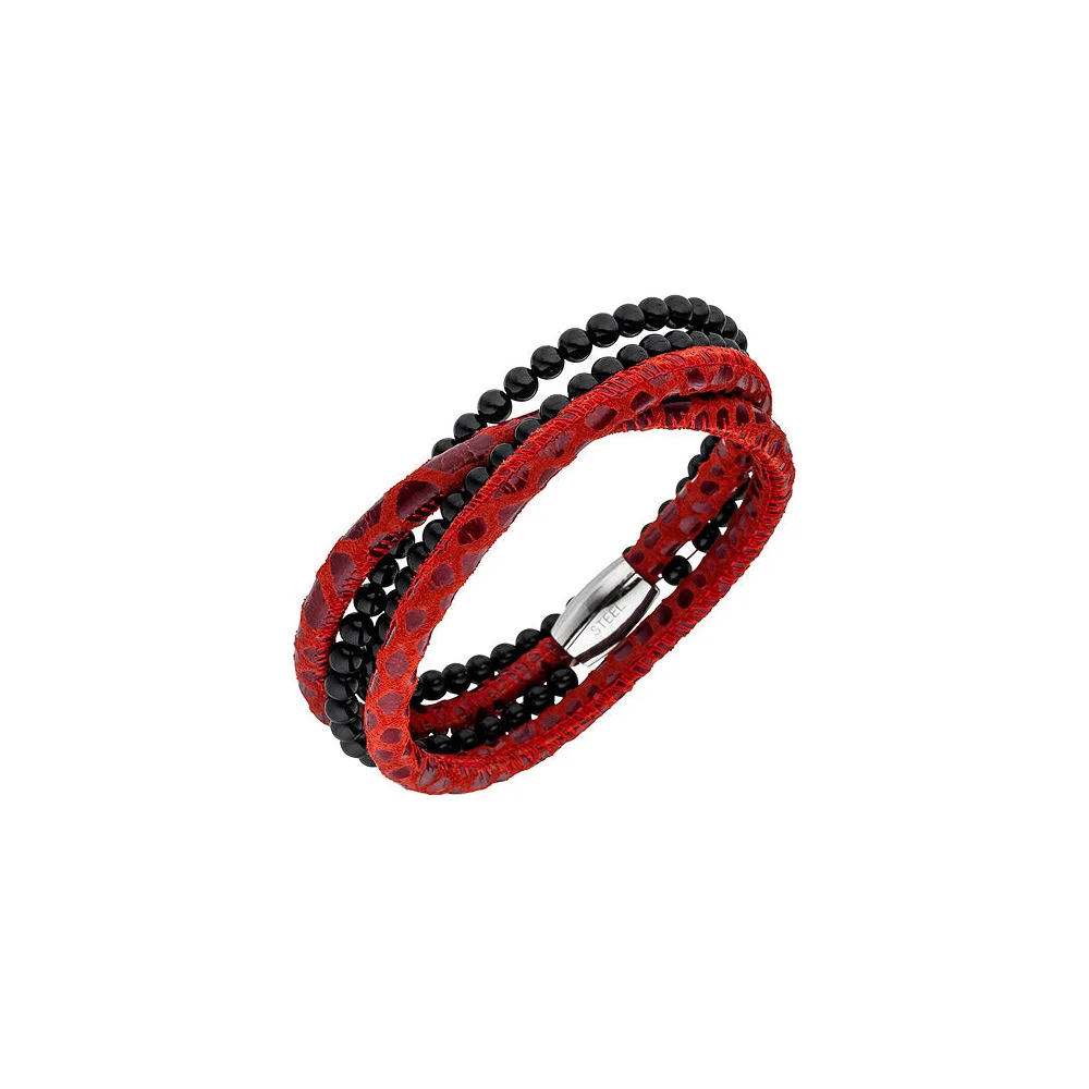Armband Leder rot mit Onyx Kugeln und Edelstahl 19 cm Lederarmband