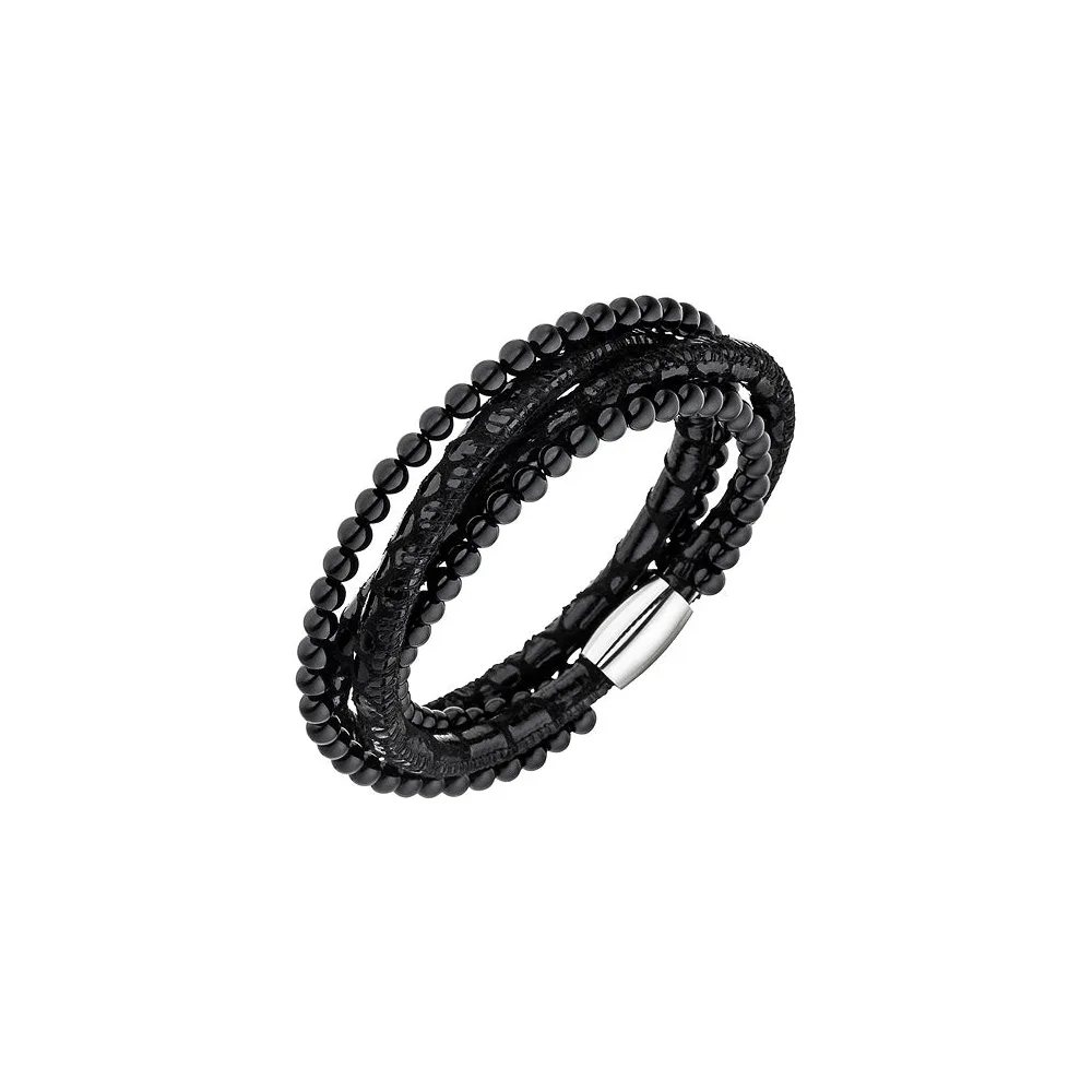Armband Leder schwarz mit Onyx Kugeln und Edelstahl 19 cm Lederarmband