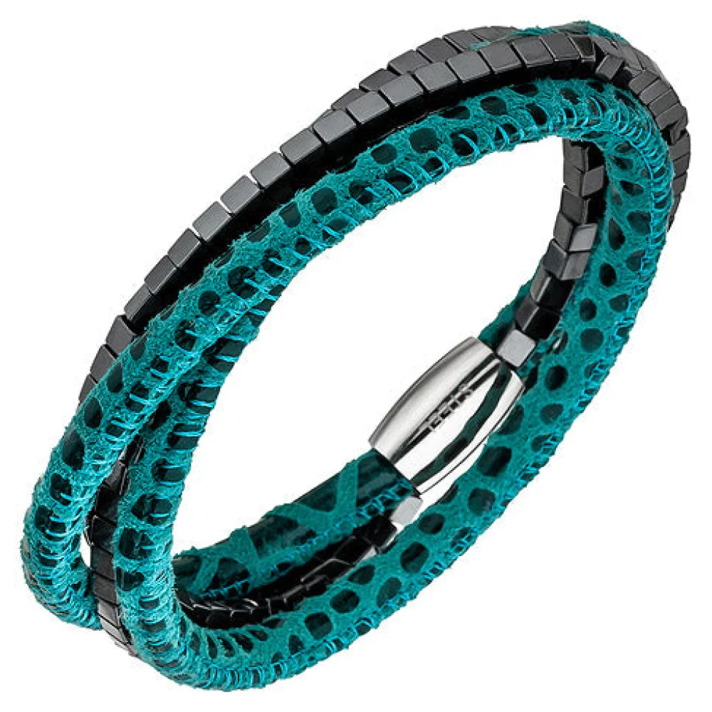 Armband Leder türkis mit Hämatit Würfeln und Edelstahl 19 cm Lederarmband
