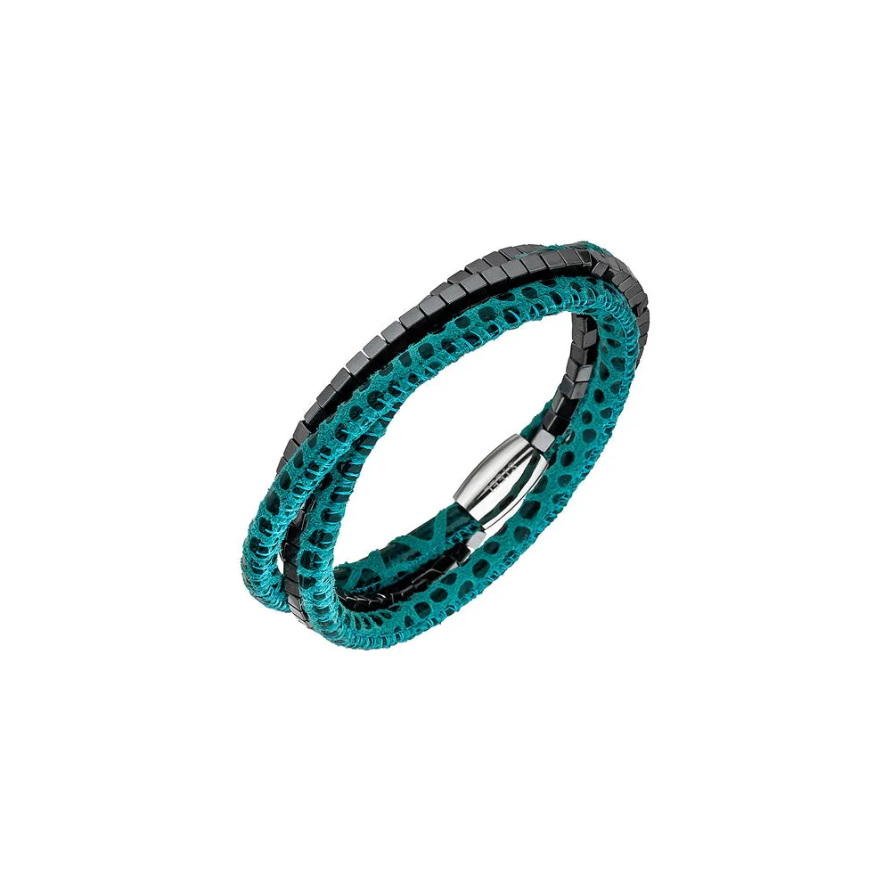Armband Leder türkis mit Hämatit Würfeln und Edelstahl 19 cm Lederarmband