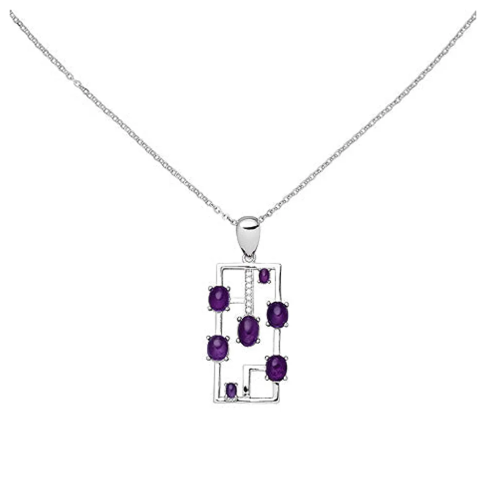 Collier 925 Sterling Silber 7 Amethyst-Cabochons lila 7 Zirkonia 45 cm