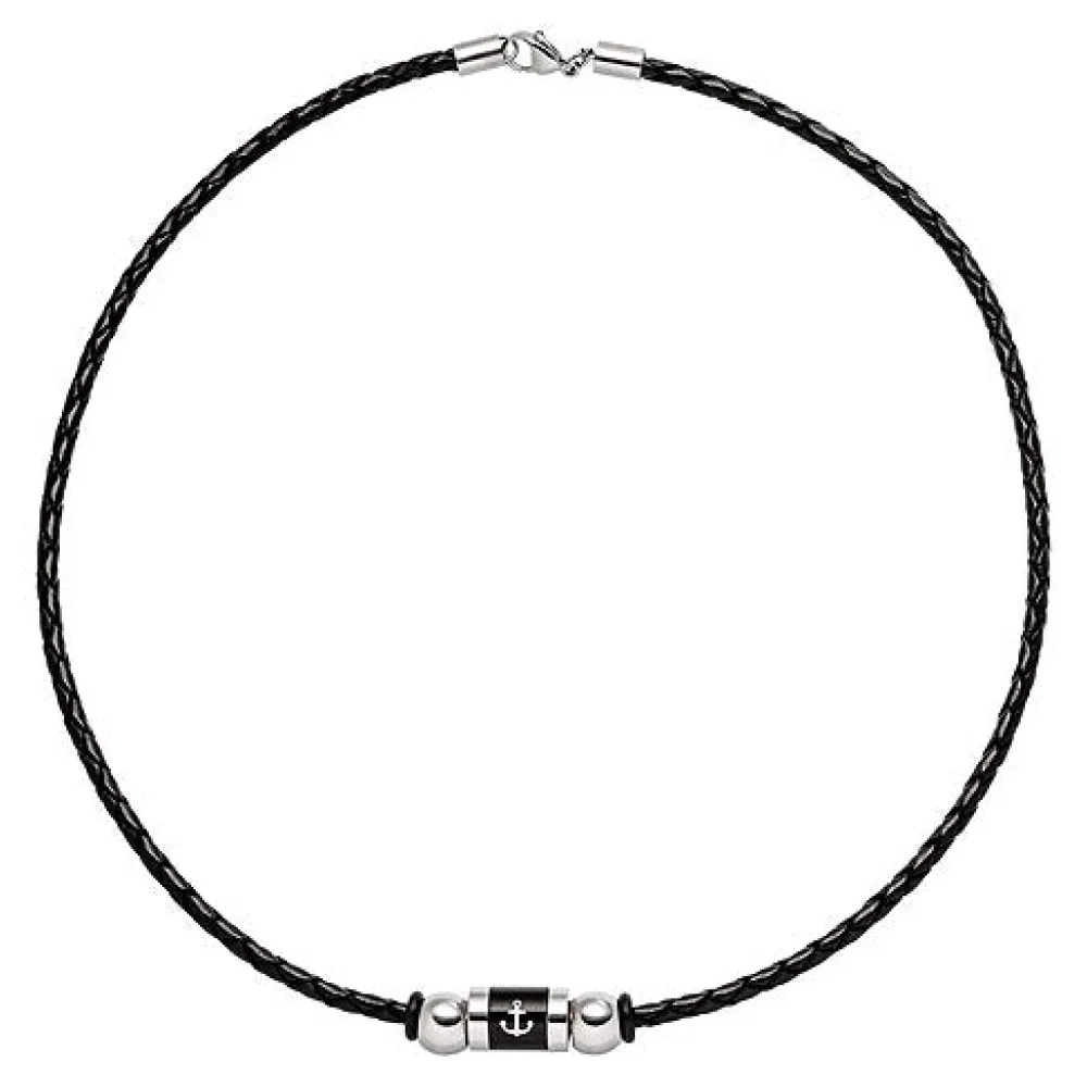 Collier Anker aus Leder und Edelstahl teil schwarz beschichtet 45 cm