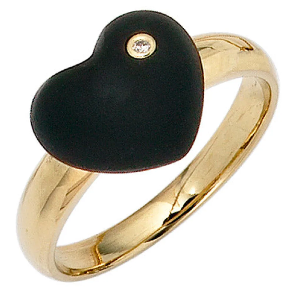 Damen Herz Ring 585 Gold Gelbgold 1 Onyx schwarz 1 Diamant Brillant Goldring-56