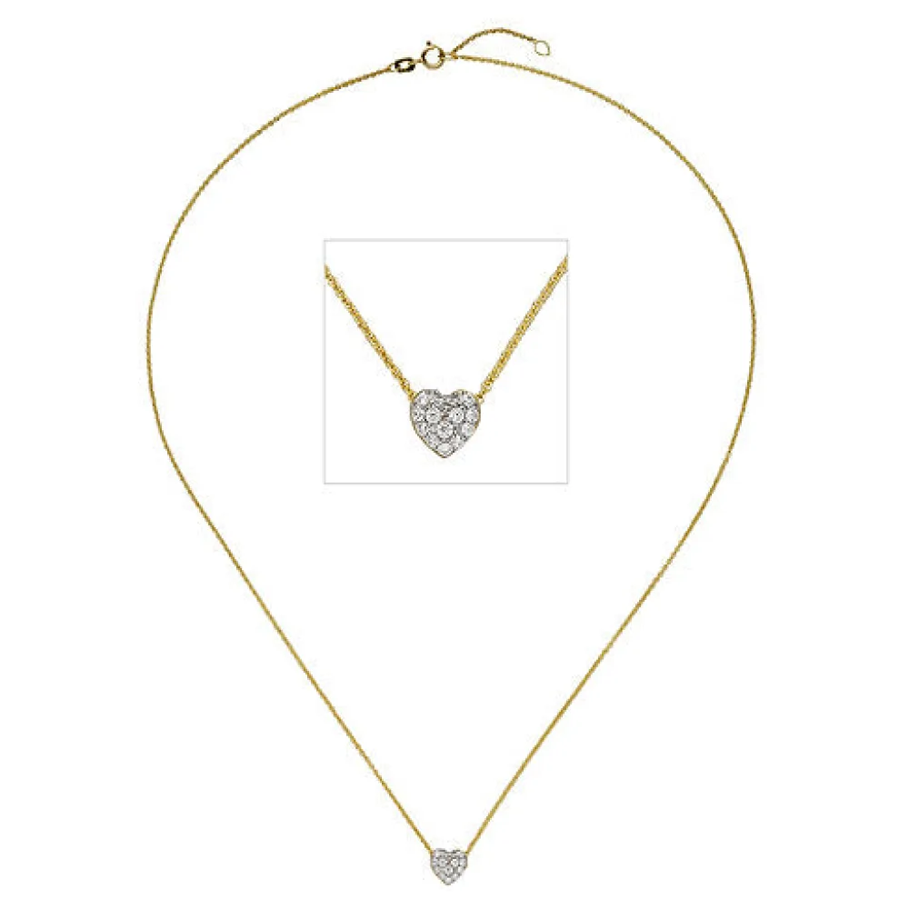 Collier Kette mit Anhänger Herz 375 Gold Gelbgold bicolor 14 Zirkonia 45 cm