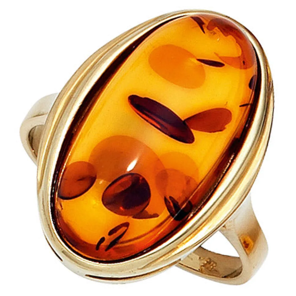 Damen Ring 375 Gold Gelbgold 1 Bernstein orange Bernsteinring Goldring-56
