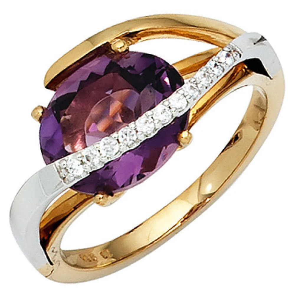 Damen Ring 585 Gold bicolor 11 Diamanten Brillanten 1 Amethyst lila violett-56