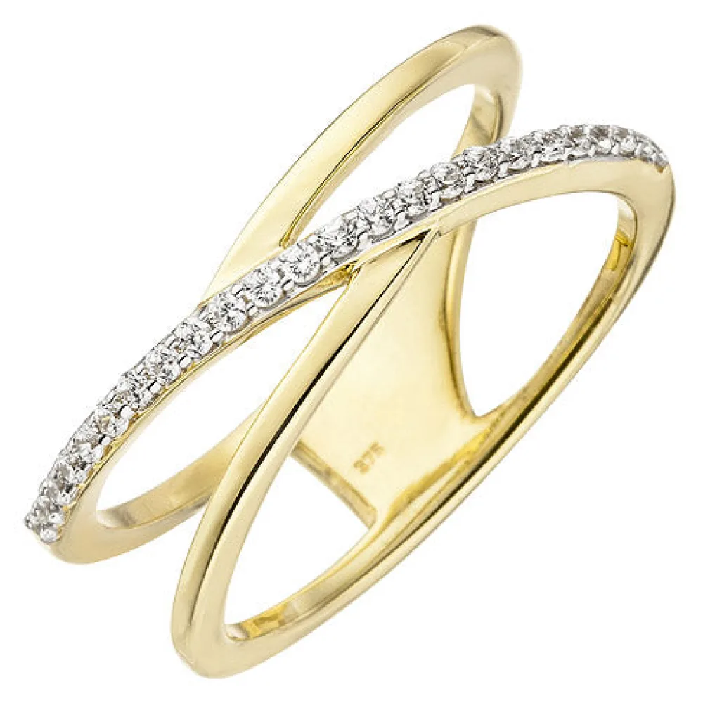 Damen Ring 2-reihig 375 Gold Gelbgold 24 Zirkonia Goldring-52
