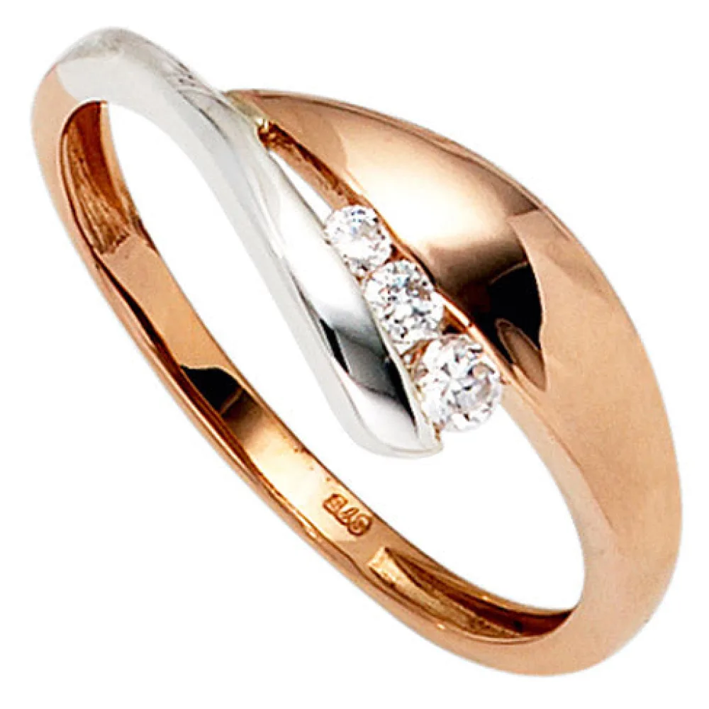 Damen Ring 375 Gold Rotgold Weißgold bicolor 3 Zirkonia Goldring-58