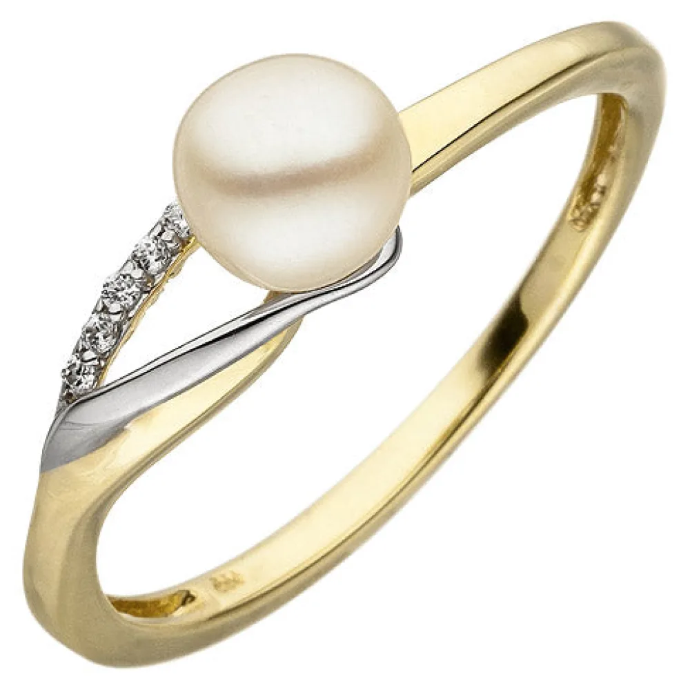 Damen Ring 333 Gelbgold Weißgold bicolor 1 Süßwasser Perle 6 Zirkonia-60