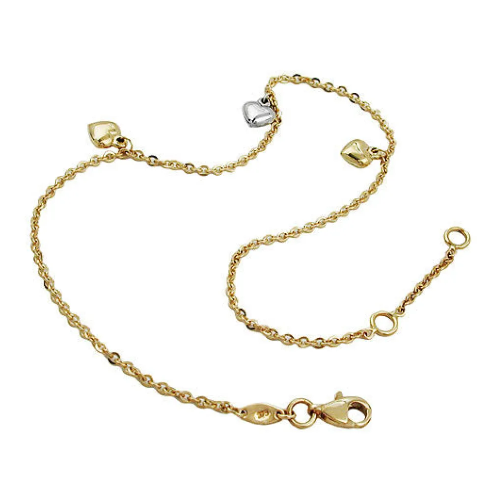 Fußkette Ankerkette mit 3 Herzen bicolor Gold 375-25