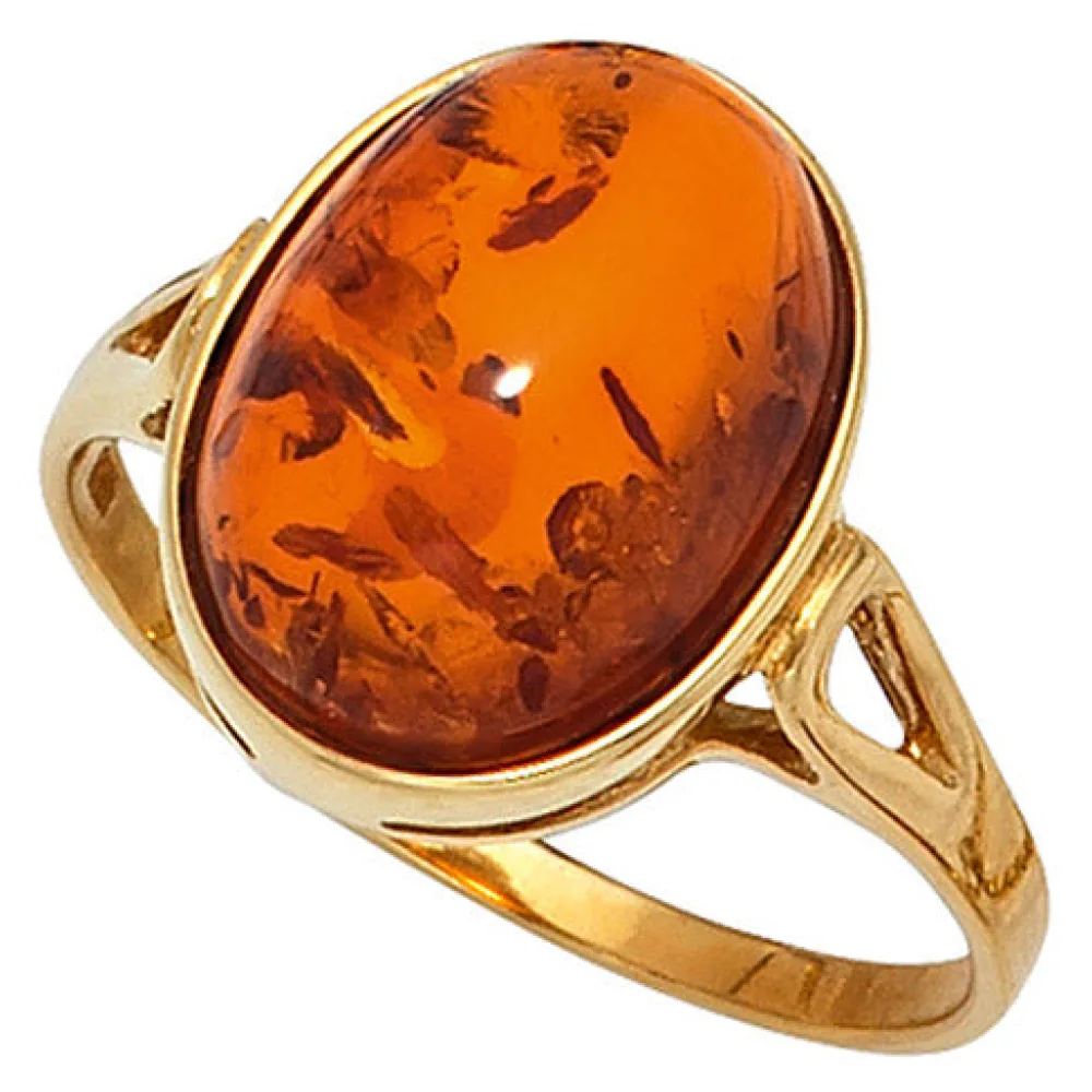 Damen Ring 375 Gold Gelbgold 1 Bernstein orange Bernsteinring Goldring-62