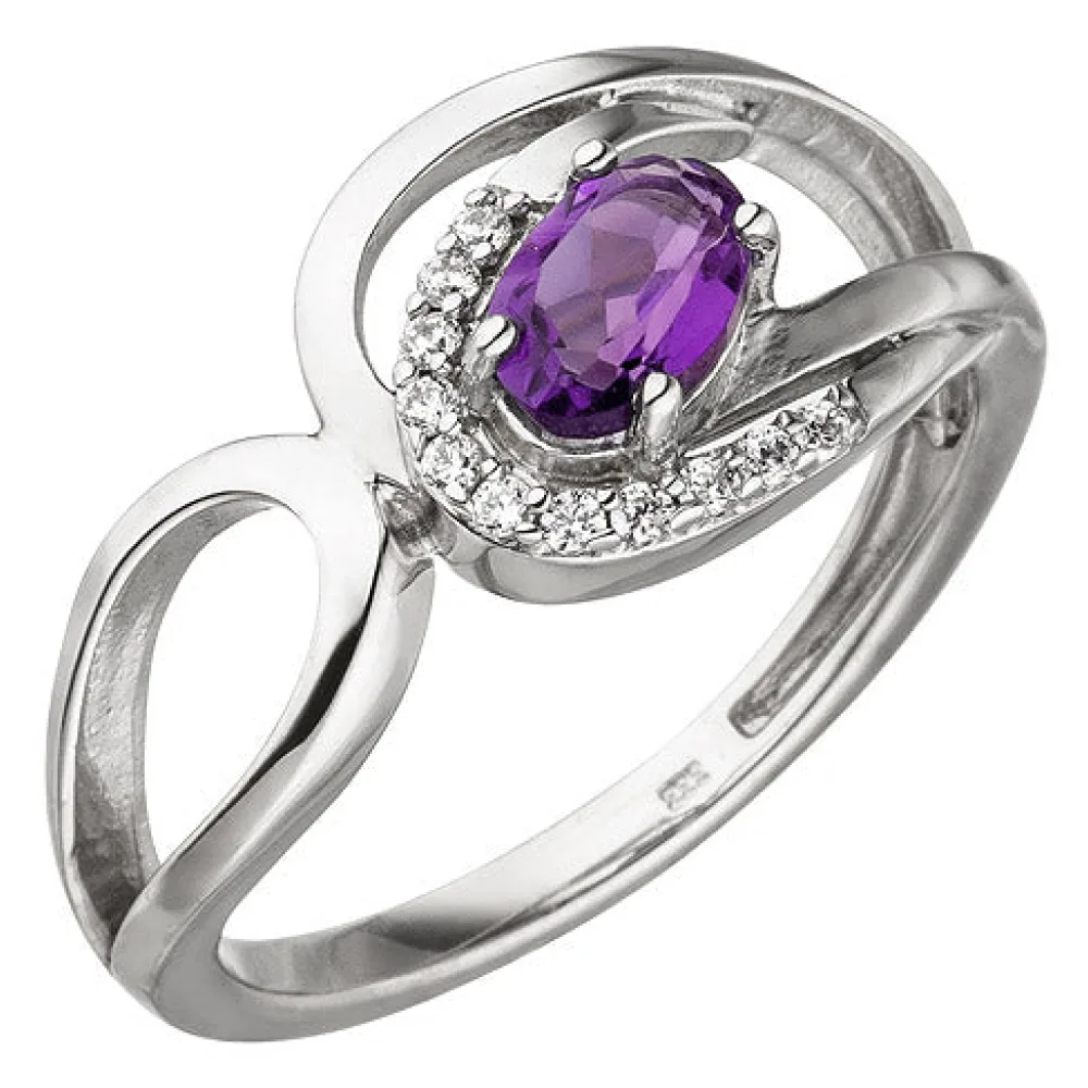 Damen Ring 333 Gold Weißgold 11 Zirkonia 1 Amethyst lila violett Weißgoldring-60