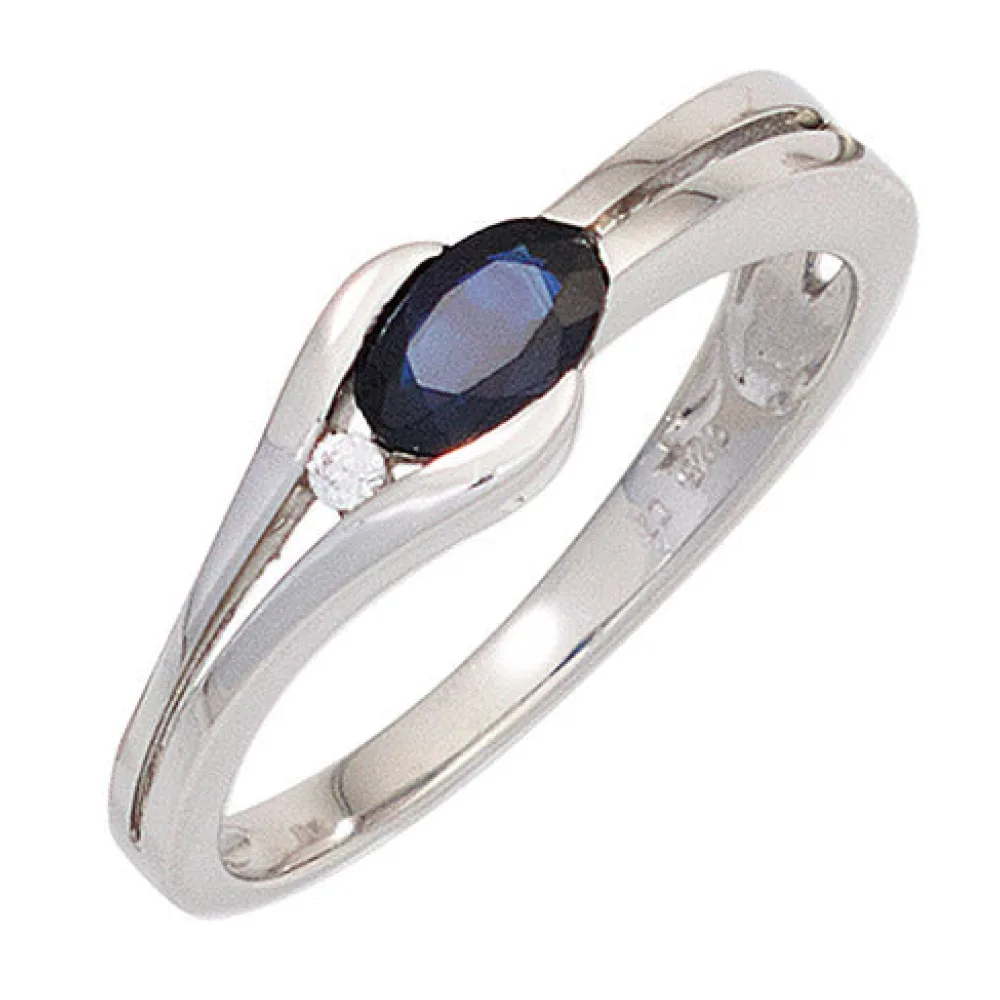 Damen Ring 333 Gold Weißgold 1 Safir blau 1 Diamant Brillant Goldring-52