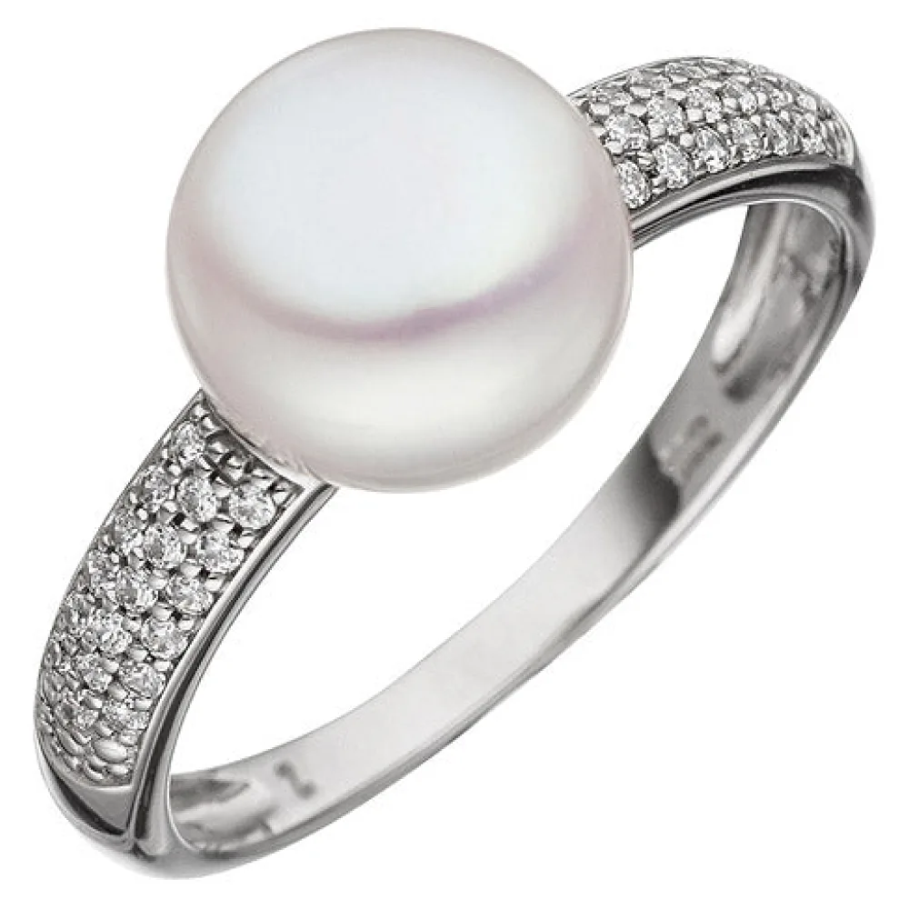 Damen Ring 333 Gold Weißgold 1 Süßwasser Perle 36 Zirkonia Perlenring Goldring-60