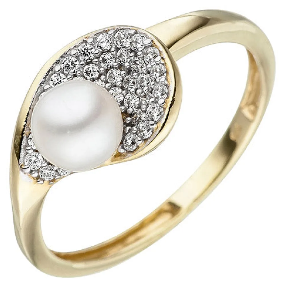 Damen Ring 375 Gold Gelbgold 1 Süßwasser Perle 36 Zirkonia Perlenring-60