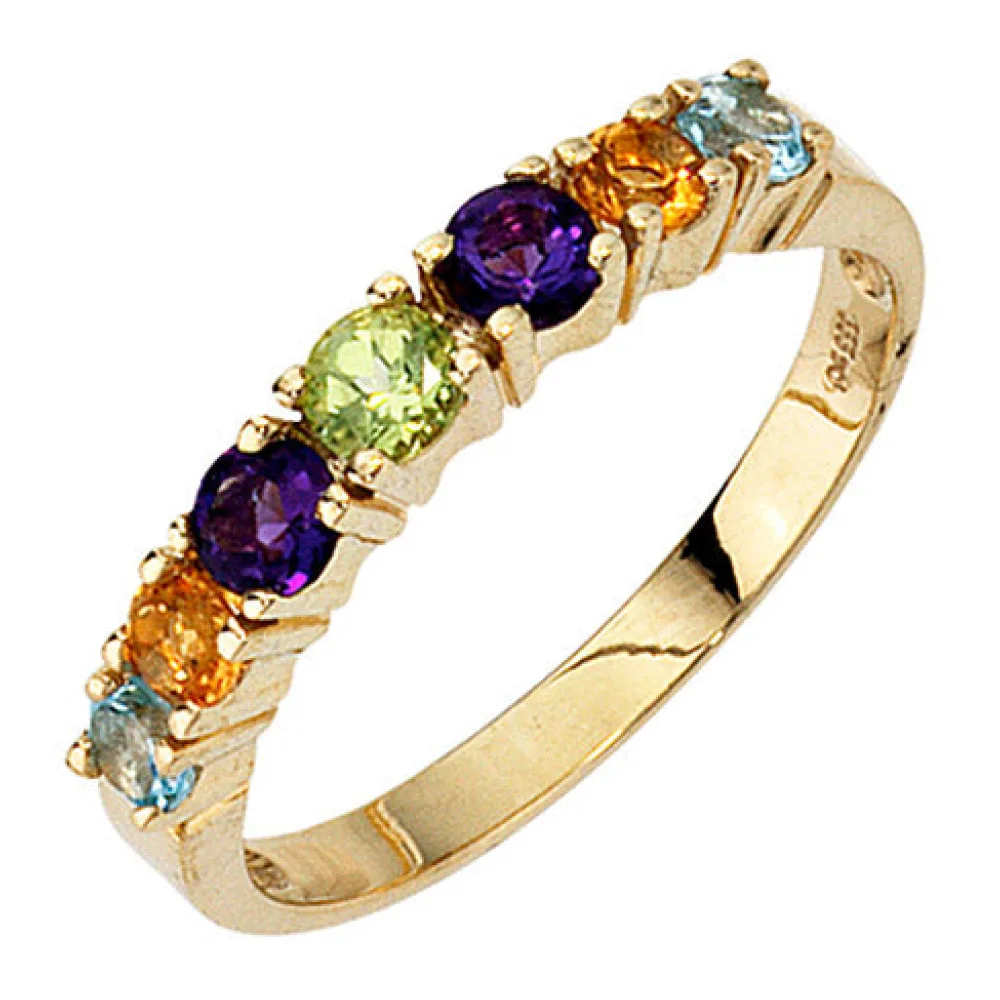 Damen Ring 333 Gold Gelbgold 2 Amethyste 2 Citrine 1 Peridot 2 Blautopase-50
