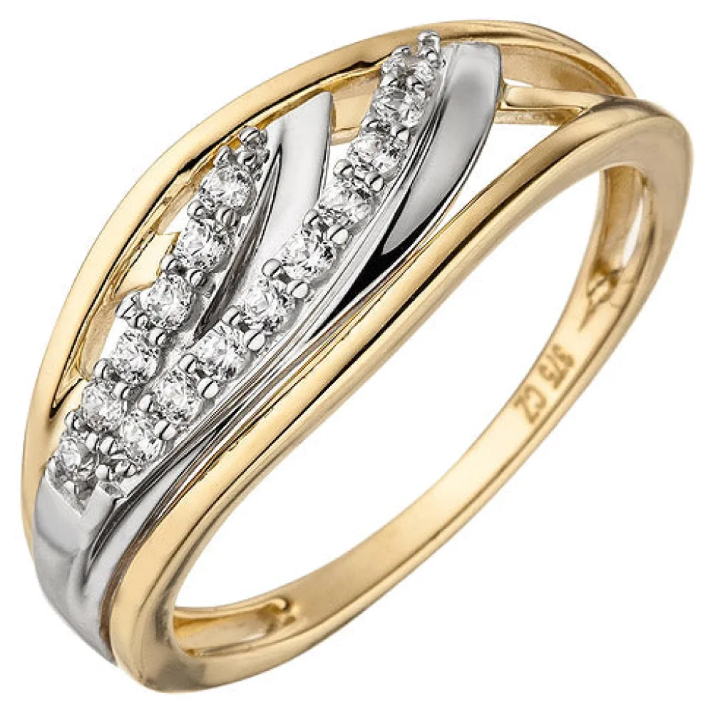 Damen Ring 375 Gold Gelbgold bicolor 15 Zirkonia Goldring-56