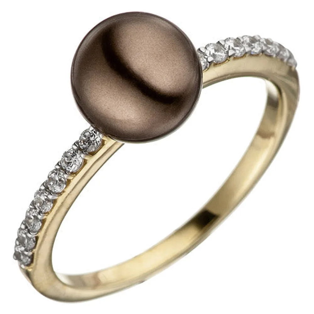 Damen Ring 333 Gold Gelbgold bicolor mit dunkler Perle und Zirkonia Perlenring-58