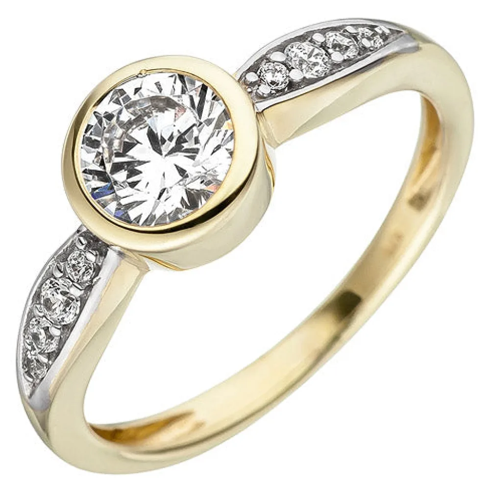 Damen Ring 375 Gold Gelbgold bicolor 9 Zirkonia Goldring-58