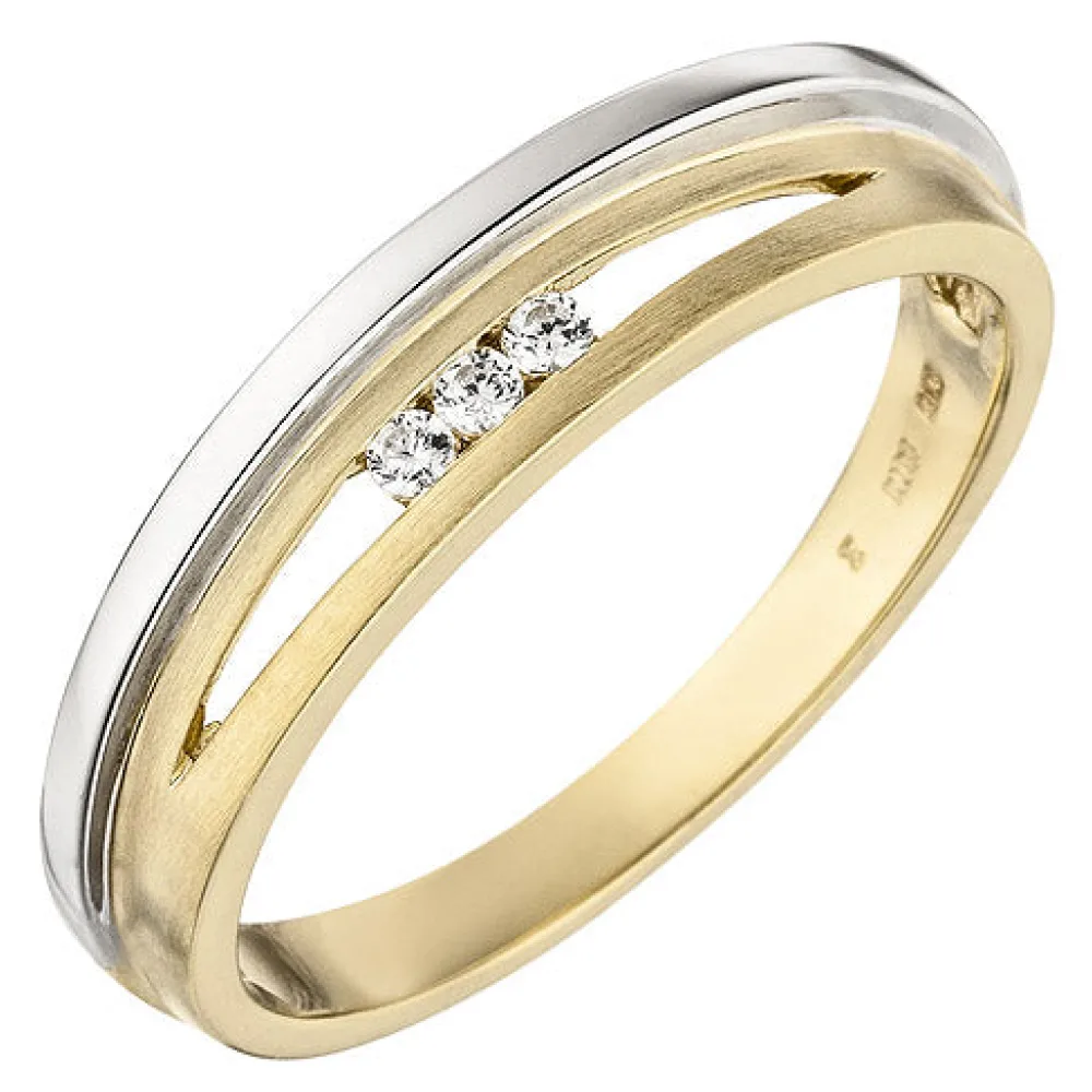 Damen Ring 375 Gold Gelbgold Weißgold bicolor matt 3 Zirkonia Goldring-56