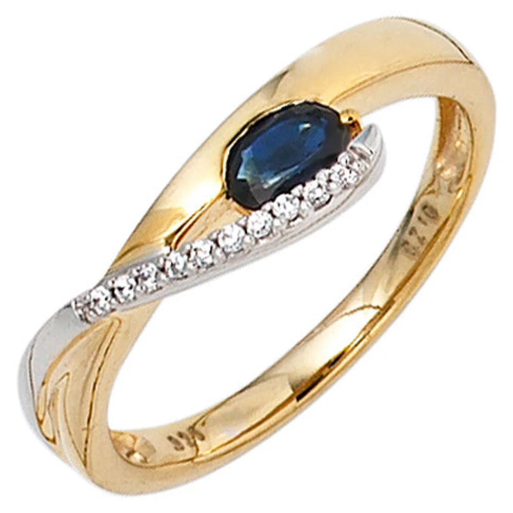Damen Ring 333 Gold Gelbgold Weißgold 1 Safir blau 10 Zirkonia Goldring-60