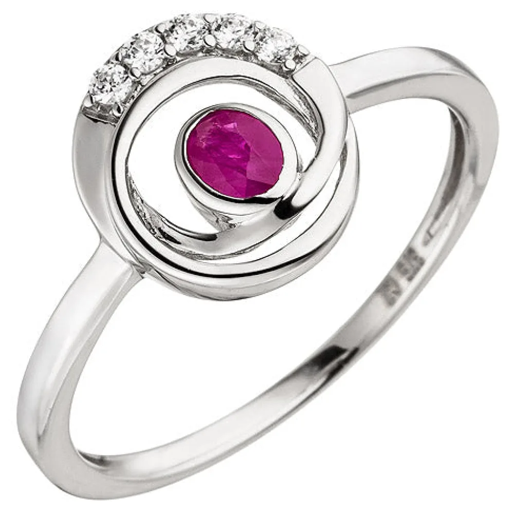 Damen Ring 375 Gold Weißgold 5 Zirkonia 1 Rubin Rubinring Weißgoldring-56