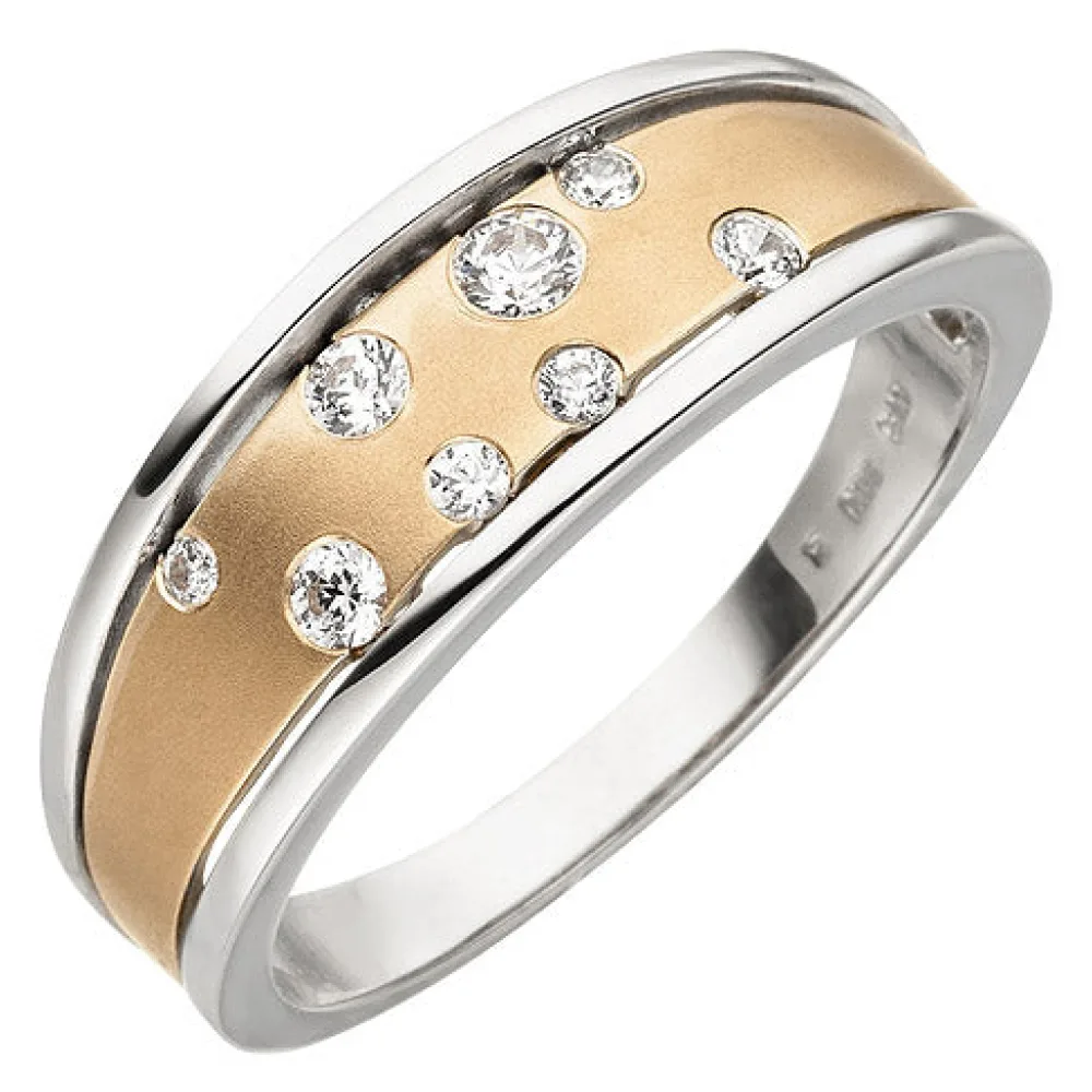 Damen Ring 375 Gold Weißgold Rotgold bicolor matt 8 Zirkonia Goldring-52