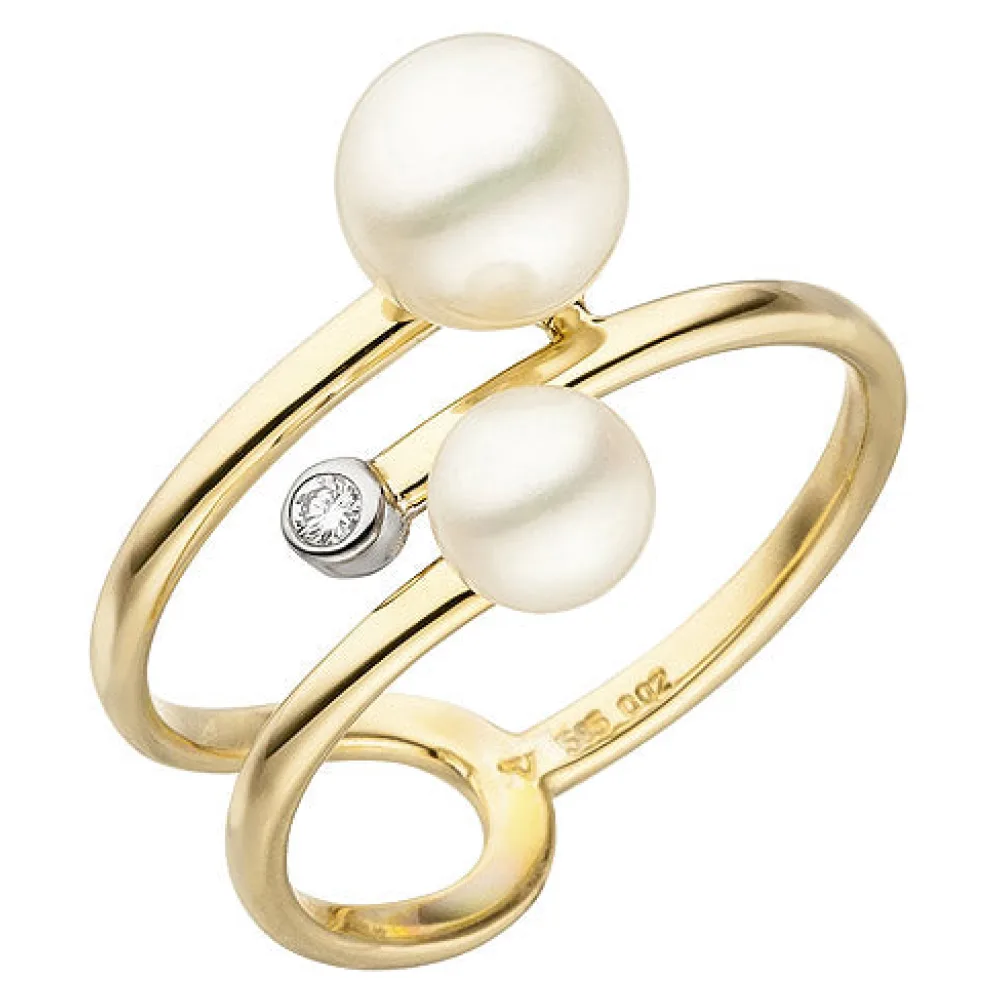 Damen Ring 585 Gelbgold 2 Süßwasser Perlen 1 Diamant Brillant-54