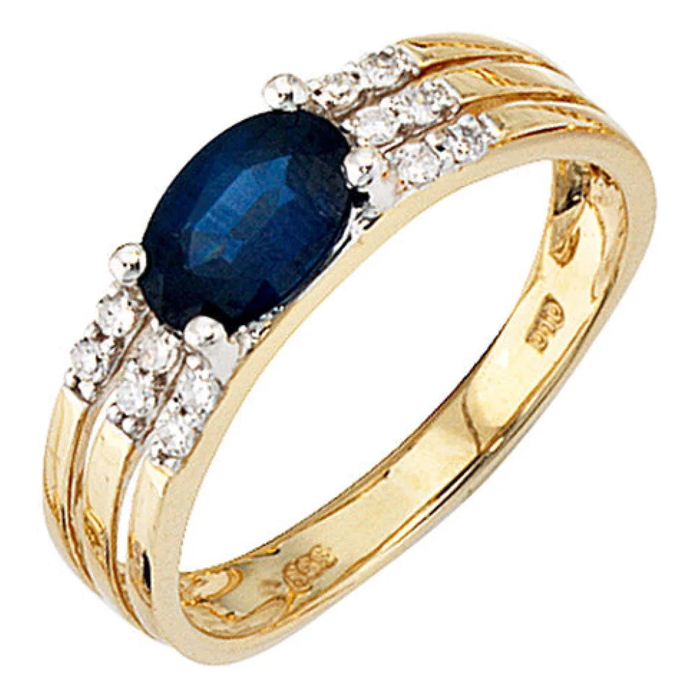 Damen Ring 585 Gold Gelbgold 1 blauer Safir 12 Diamanten Safirring Goldring-50