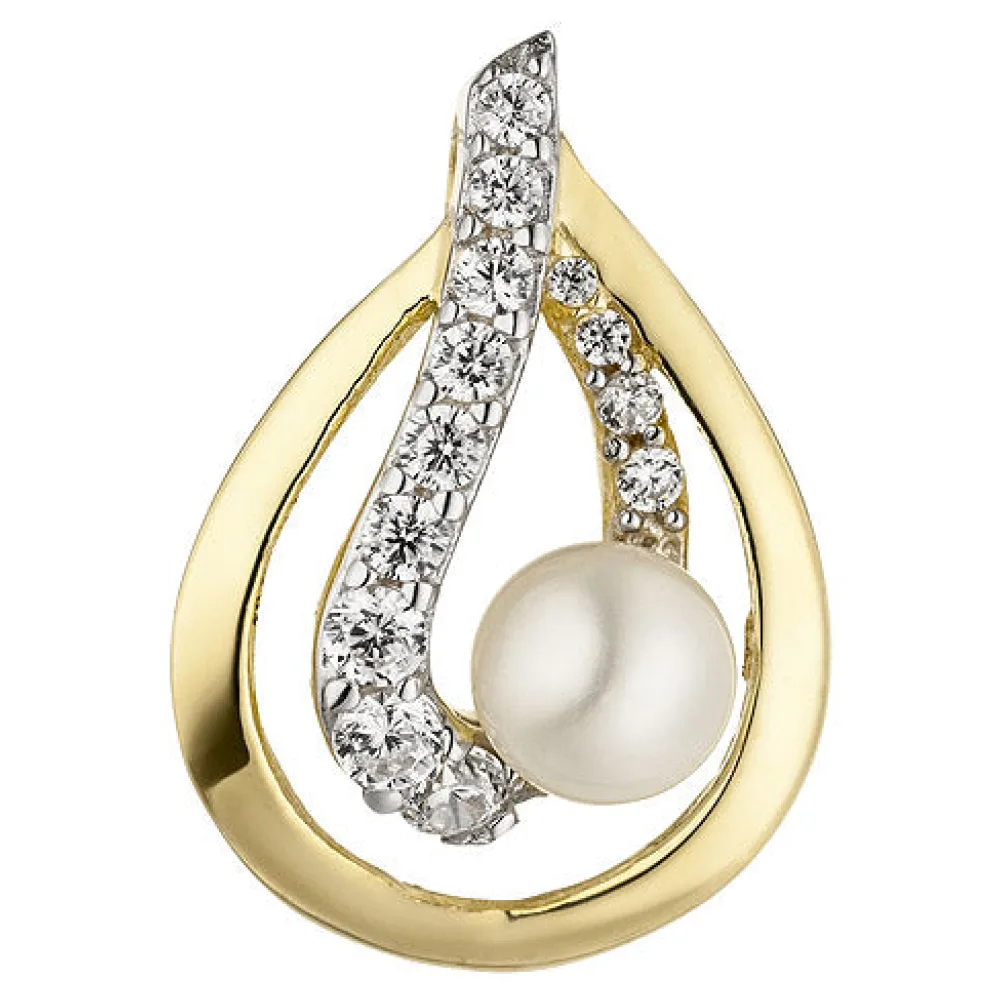 Anhänger 375 Gold Gelbgold 1 Süßwasser Perle 13 Zirkonia Perlenanhänger