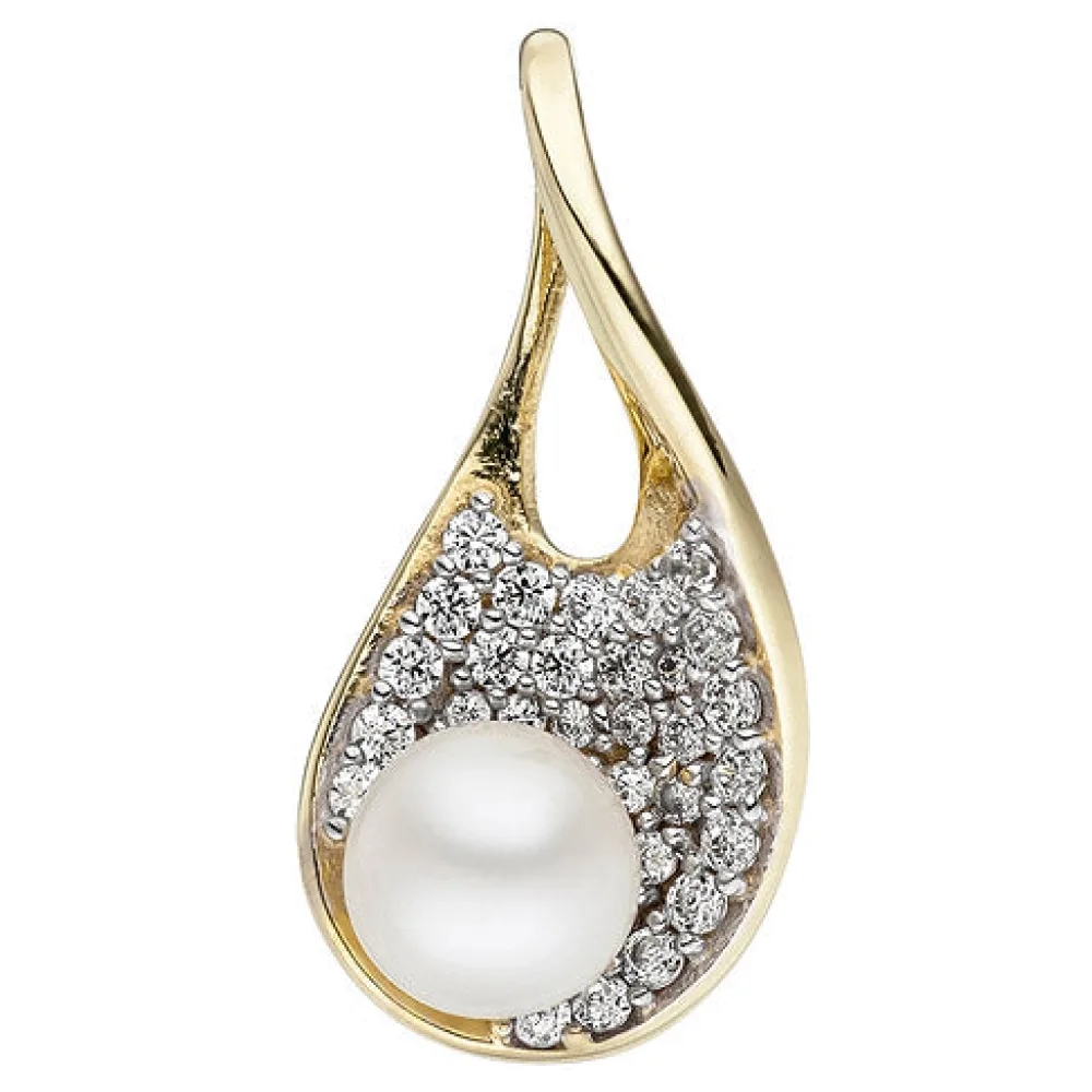 Anhänger 375 Gold Gelbgold 1 Süßwasser Perle 35 Zirkonia Perlenanhänger