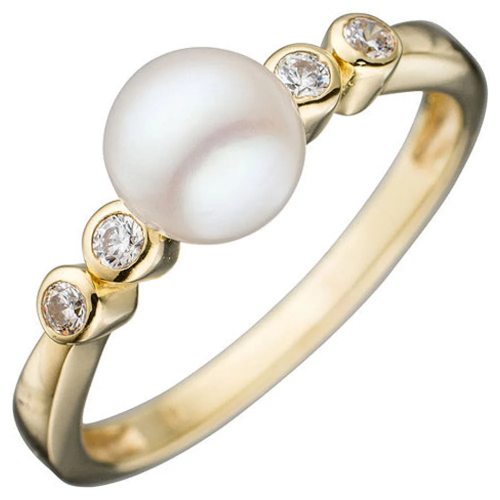 Damen Ring 333 Gold Gelbgold 1 Süßwasser-Perle 4 Zirkonia Goldring Perlenring-52