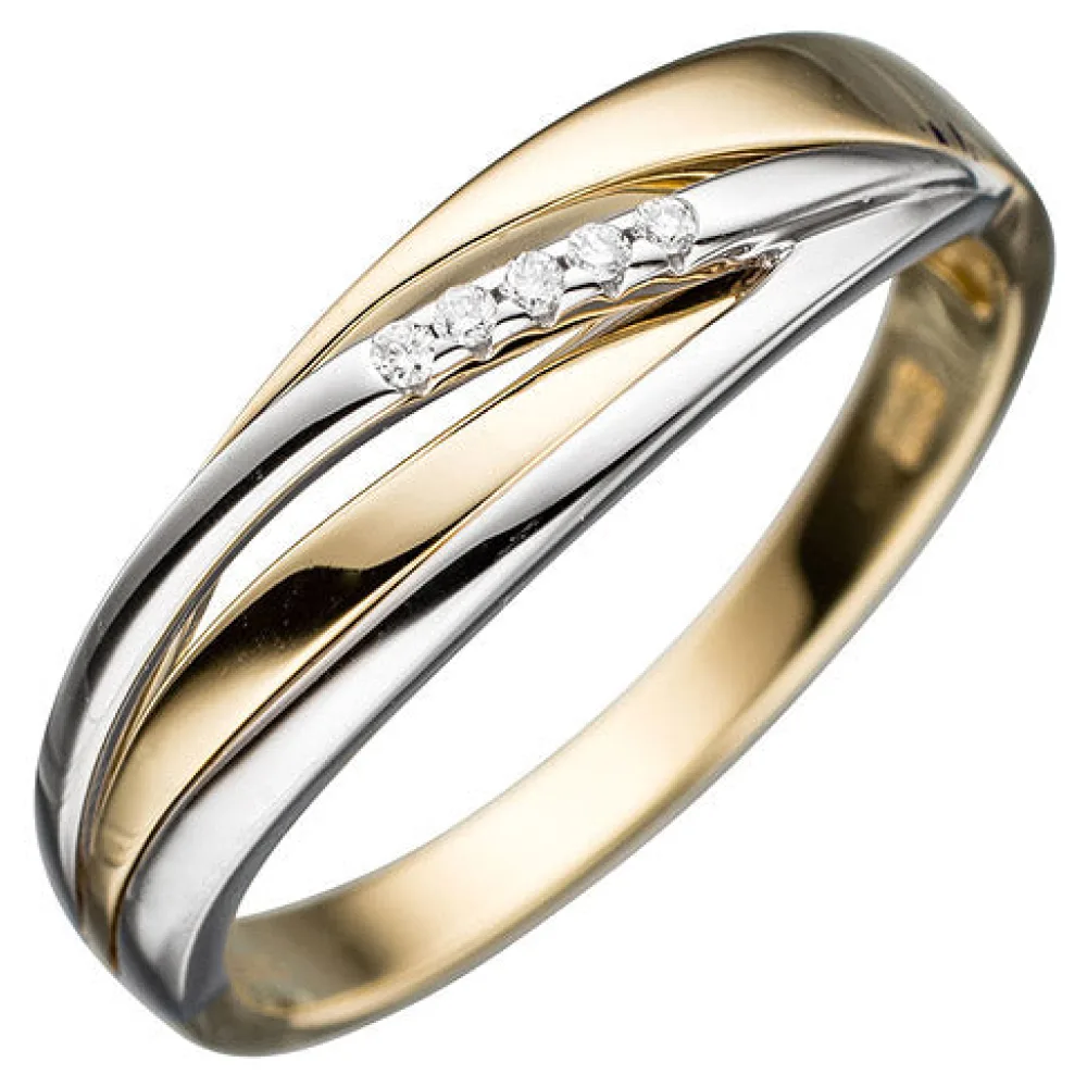 Damen Ring 585 Gold Gelbgold Weißgold bicolor 5 Diamanten Brillanten Goldring-54