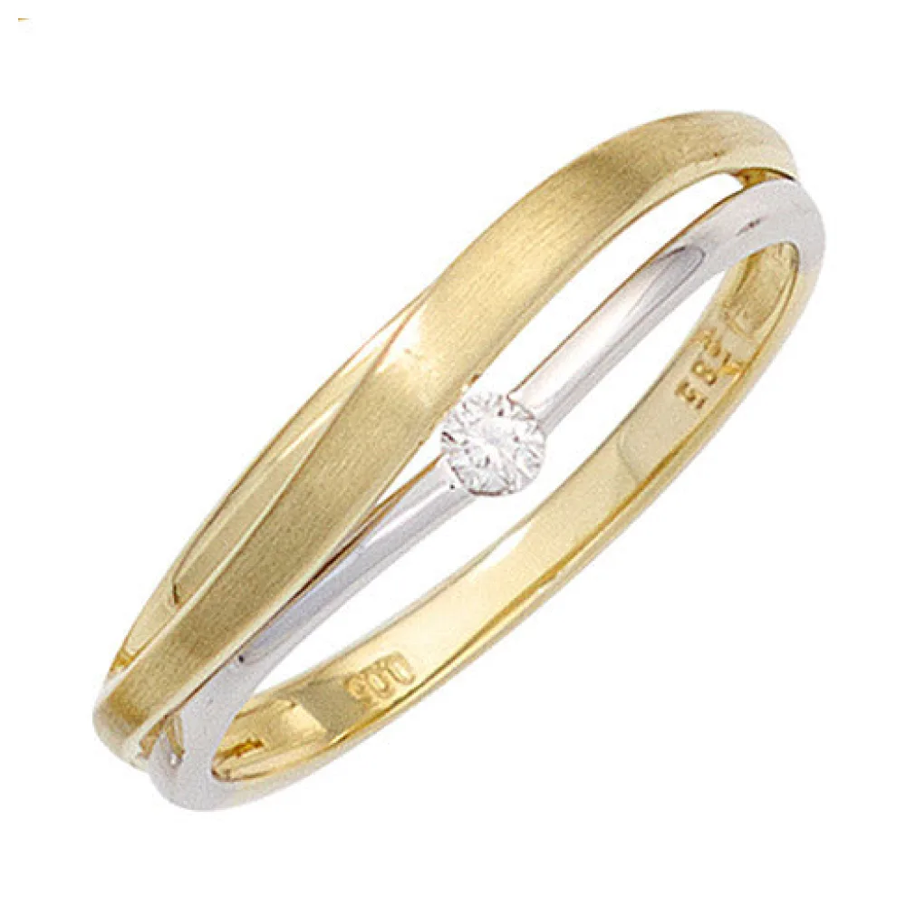 Damen Ring 585 Gold Gelbgold Weißgold bicolor matt 1 Diamant Brillant Goldring-54