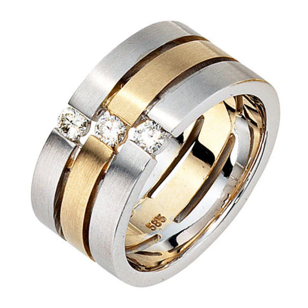 Damen Ring 3-reihig breit 585 Gold Weißgold Gelbgold bicolor matt 3 Diamanten-58