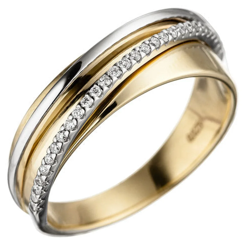 Damen Ring 585 Gold Gelbgold Weißgold bicolor 25 Diamanten Brillanten Goldring-50