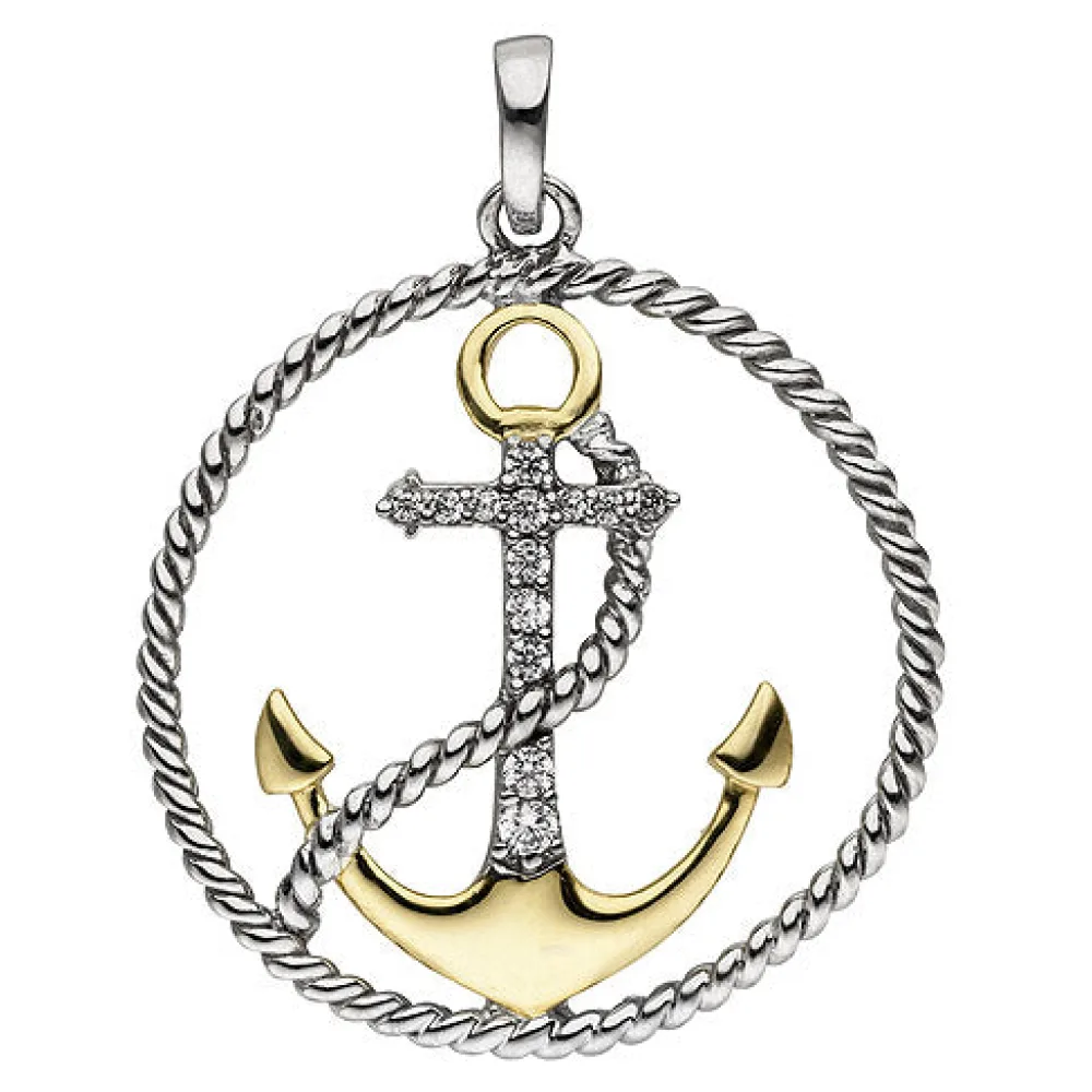 Anhänger Anker 925 Silber bicolor vergoldet 13 Zirkonia