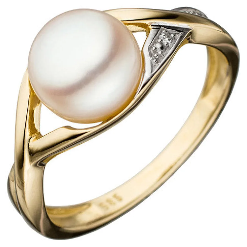 Damen Ring 585 Gold Gelbgold bicolor 1 Süßwasser Perle Goldring Perlenring-54