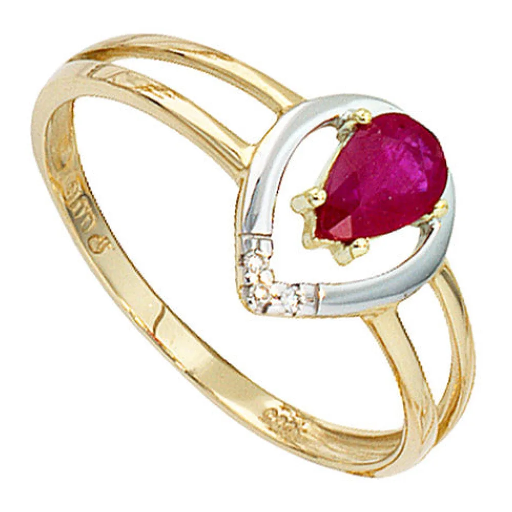 Damen Ring 585 Gold Gelbgold bicolor 1 Rubin rot 3 Diamanten Brillanten Goldring-54