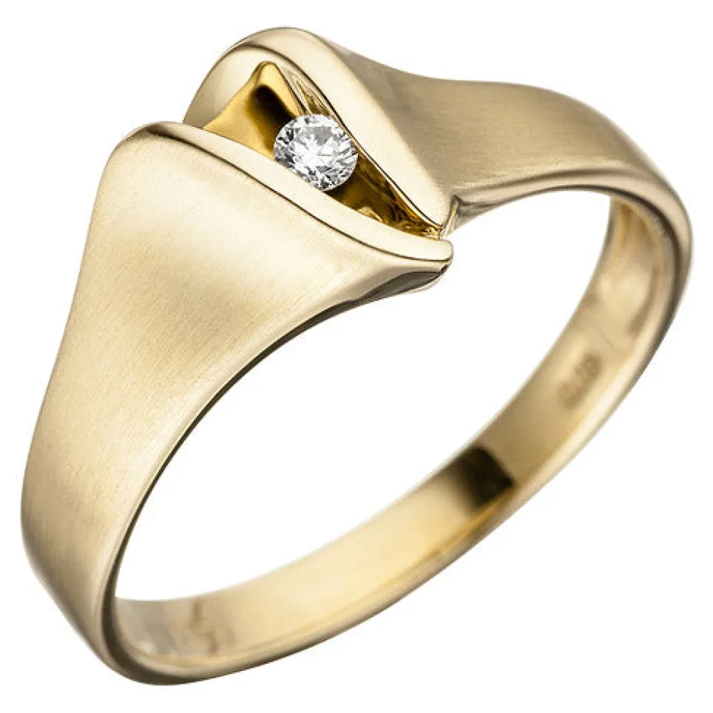 Damen Ring 585 Gold Gelbgold matt 1 Diamant Brillant Goldring Diamantring-58