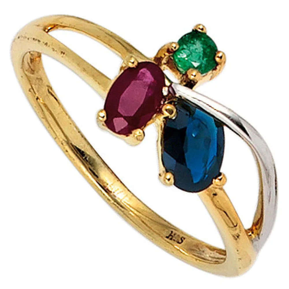 Damen Ring 585 Gold Gelbgold bicolor 1 Rubin 1 Safir 1 Smaragd Goldring-50